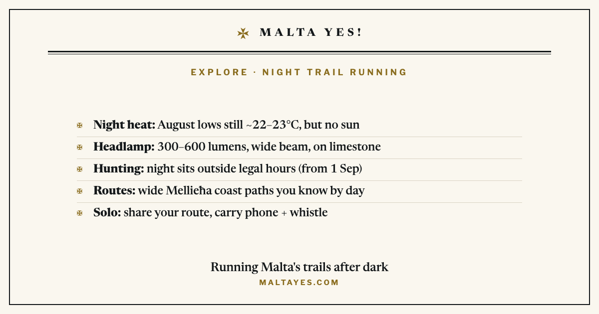 Checklist card for night trail running in Malta: summer night temperatures, headlamp lumens, the hunting-hours window, and the safest coastal routes.