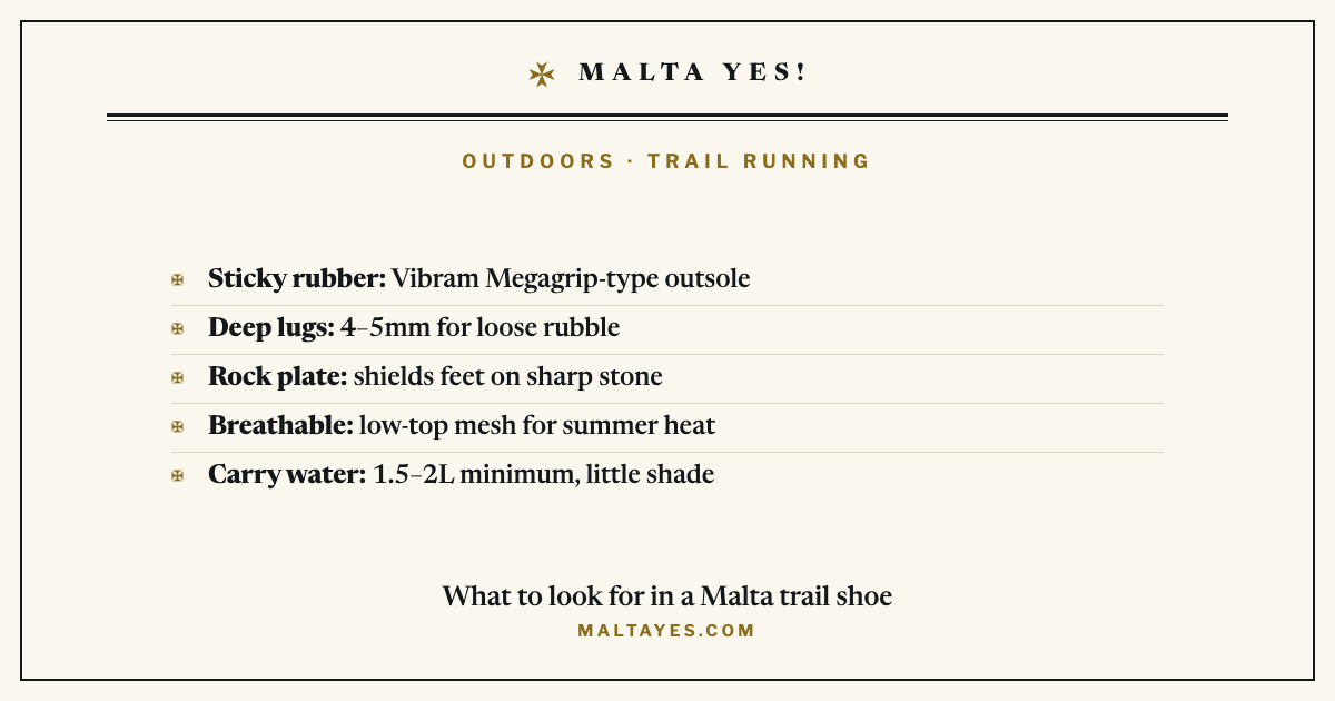 What to look for in a Malta trail running shoe: a sticky Vibram Megagrip-type rubber outsole, deep 4 to 5mm lugs for loose rubble, a rock plate to shield feet on sharp stone, a breathable low-top mesh upper for summer heat, and carrying at least 1.5 to 2 litres of water because there is little shade.